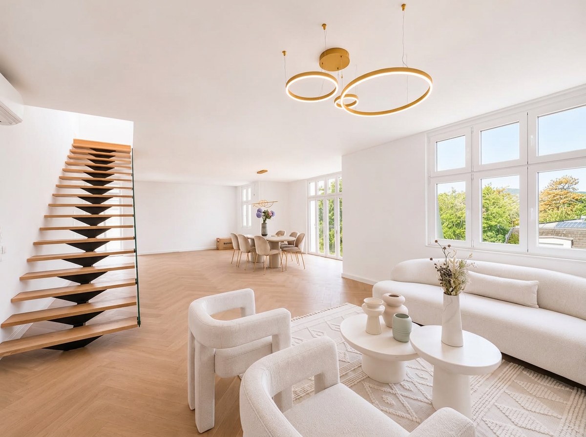 Helles Wohnzimmer mit Designer-Treppe, Fischgrätparkett und goldenen Ring-Leuchten